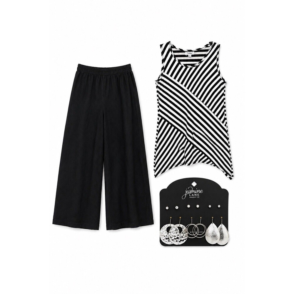 Women’s Outfit Bundle Small Z Supply Cropped Pants Indigo Striped Top Earrings